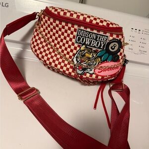 Red and Cream Checkered Crossbody Bag with Embroidered Patch CHARLIE MAREE CO